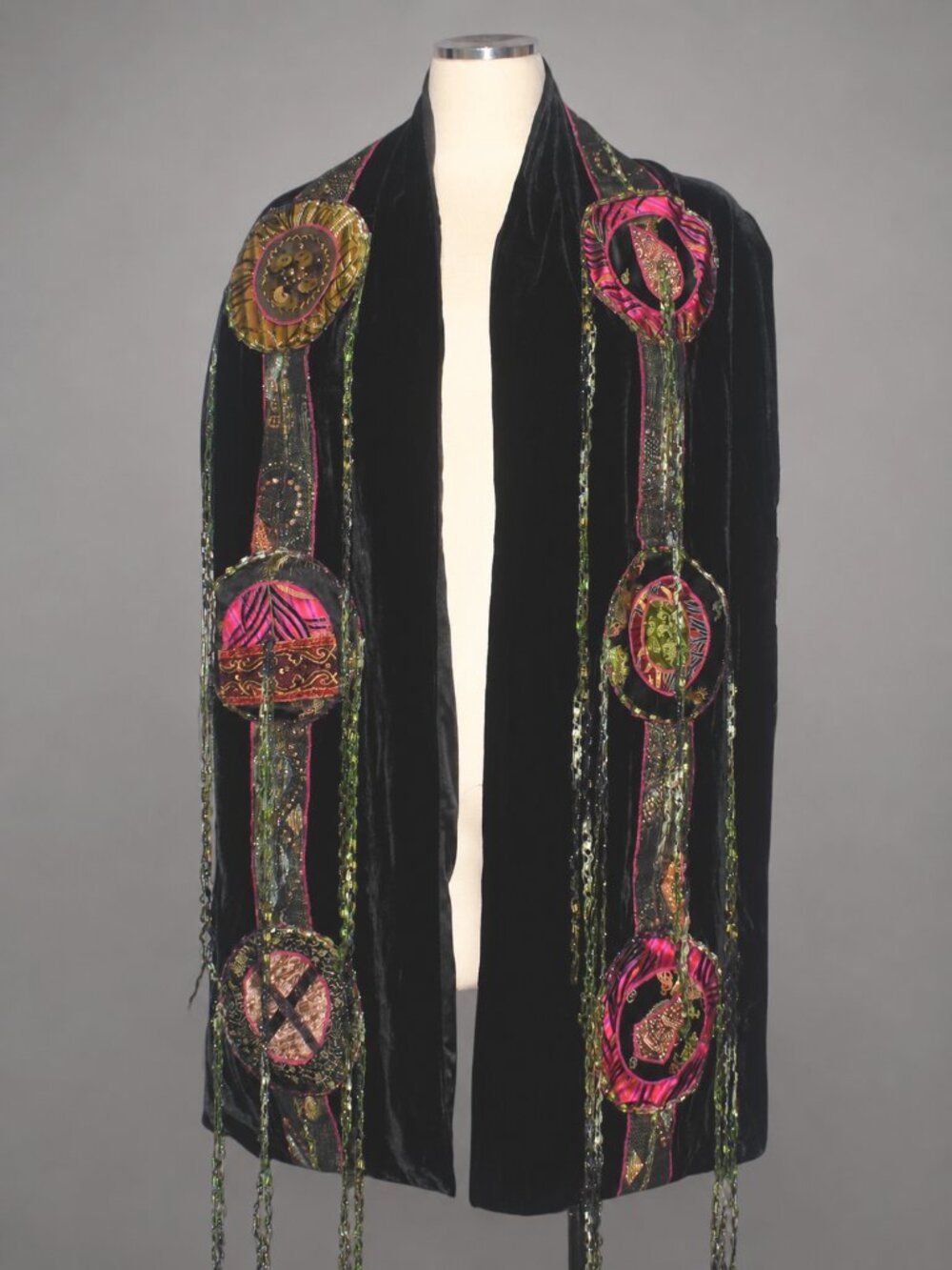 Harari Silk Rayon Embellished Medallions Velvet Scarf Wearable Art Fringe Shawl